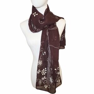 Y2K GAP Sheer brown Rayon chiffon scarf white floral embroidery. Fairy Festival